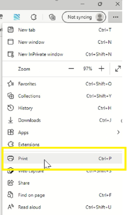 Image displaying the print option in Microsoft Edge