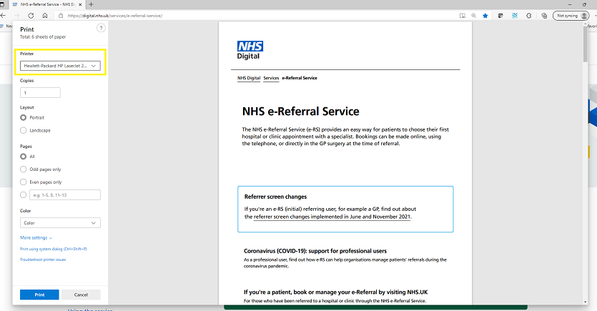 Image displaying the print window in Microsoft Edge