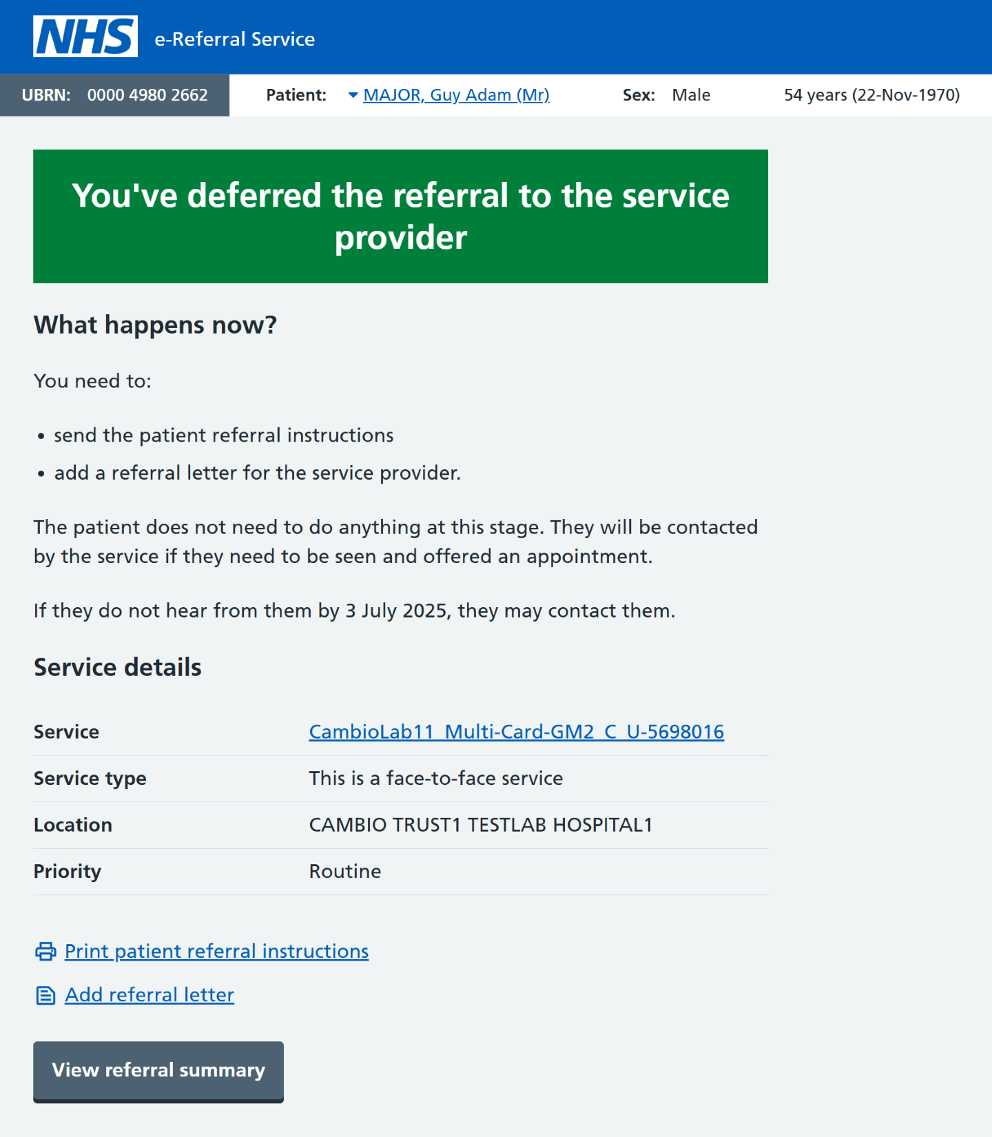 You've deferred the referral to the service provider