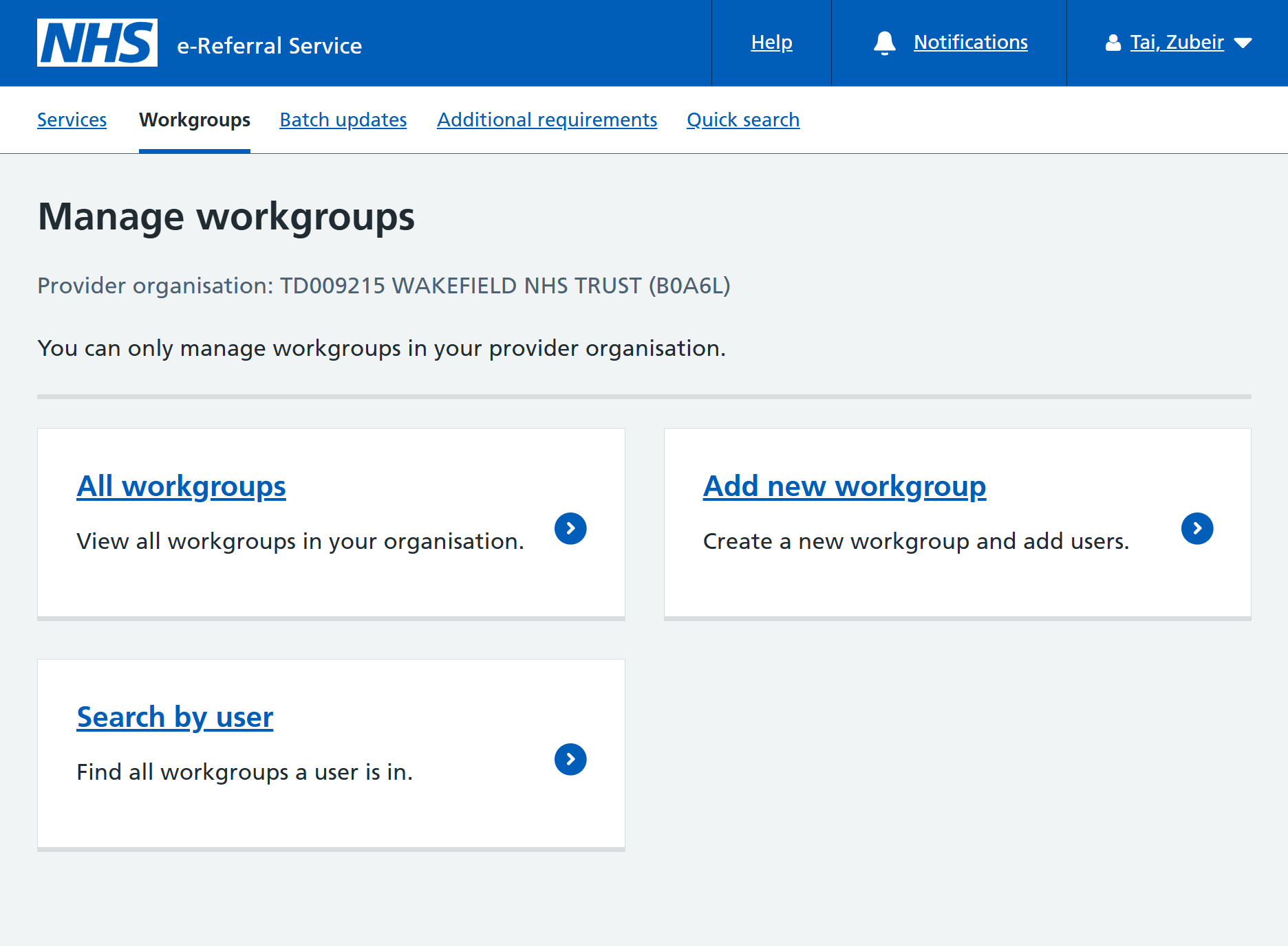 Manage workgroups screen