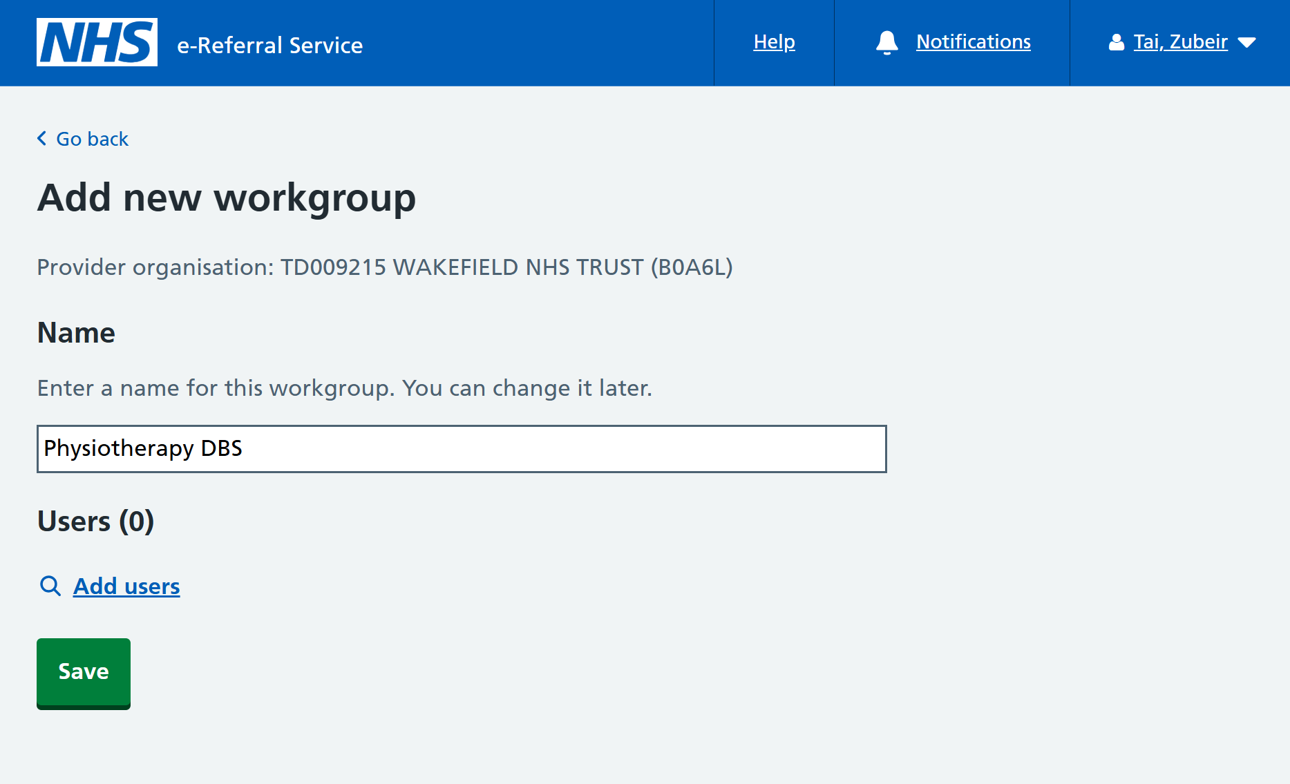 Add new workgroup screen