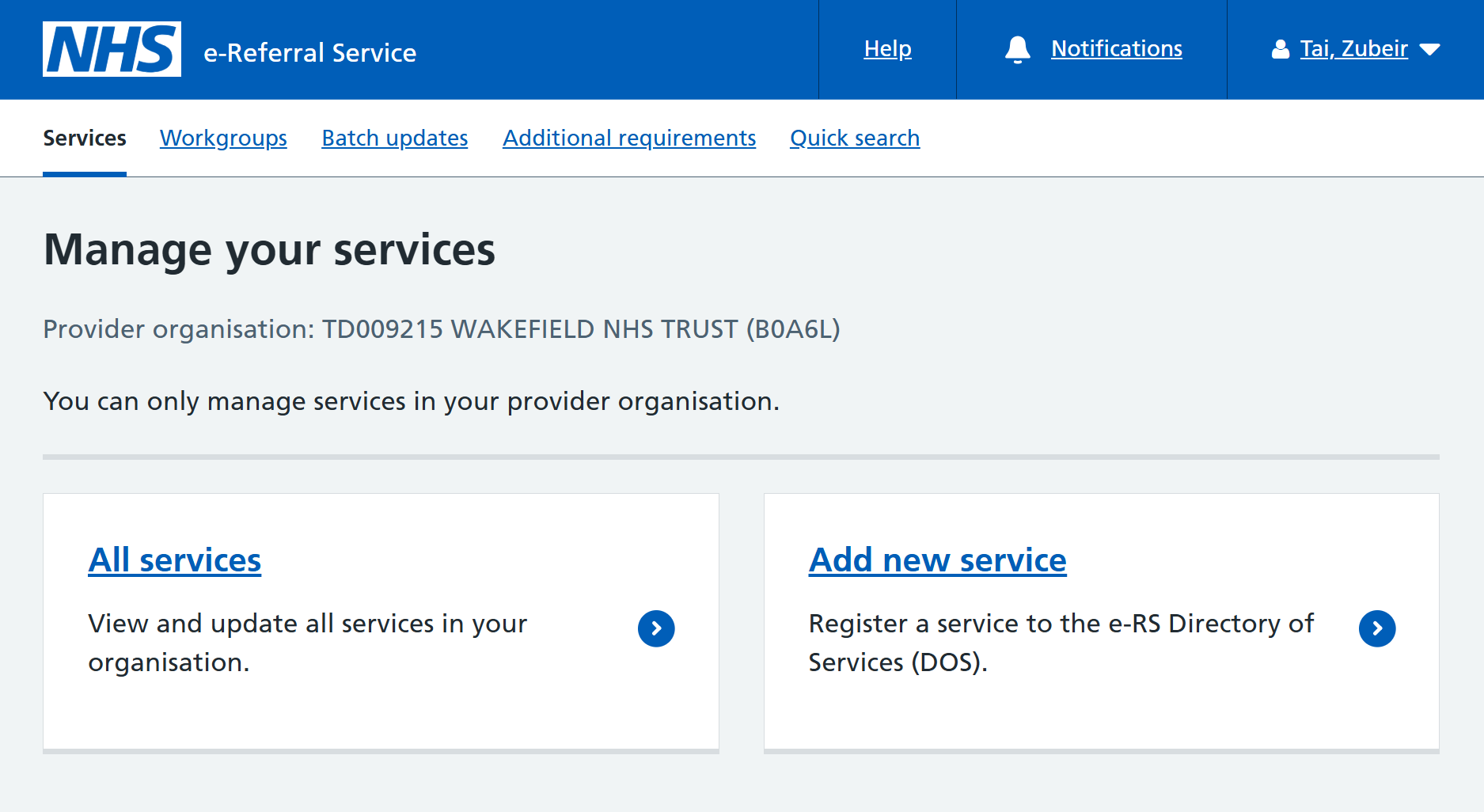 Manage your services screen