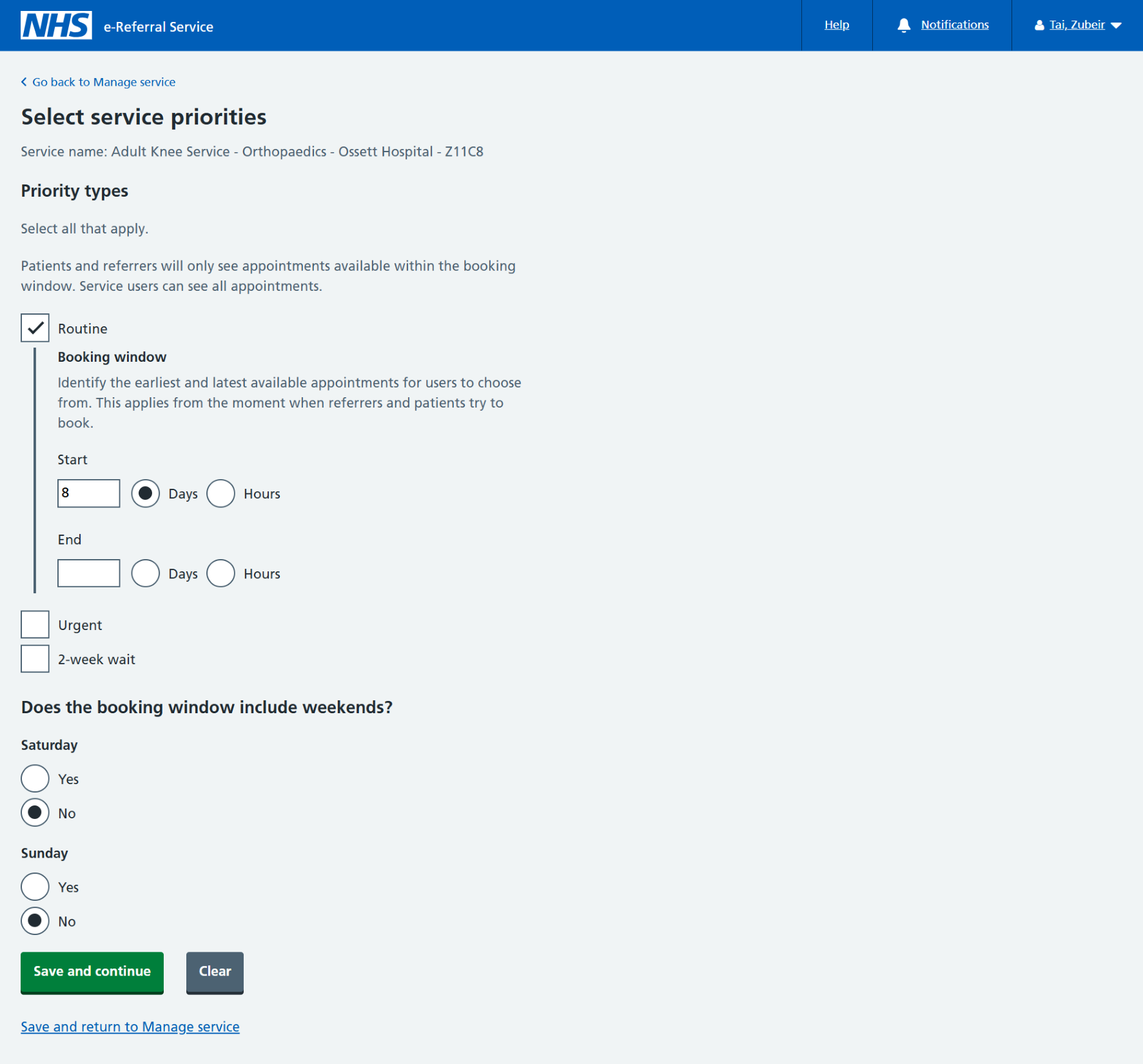 Select services priorities screen