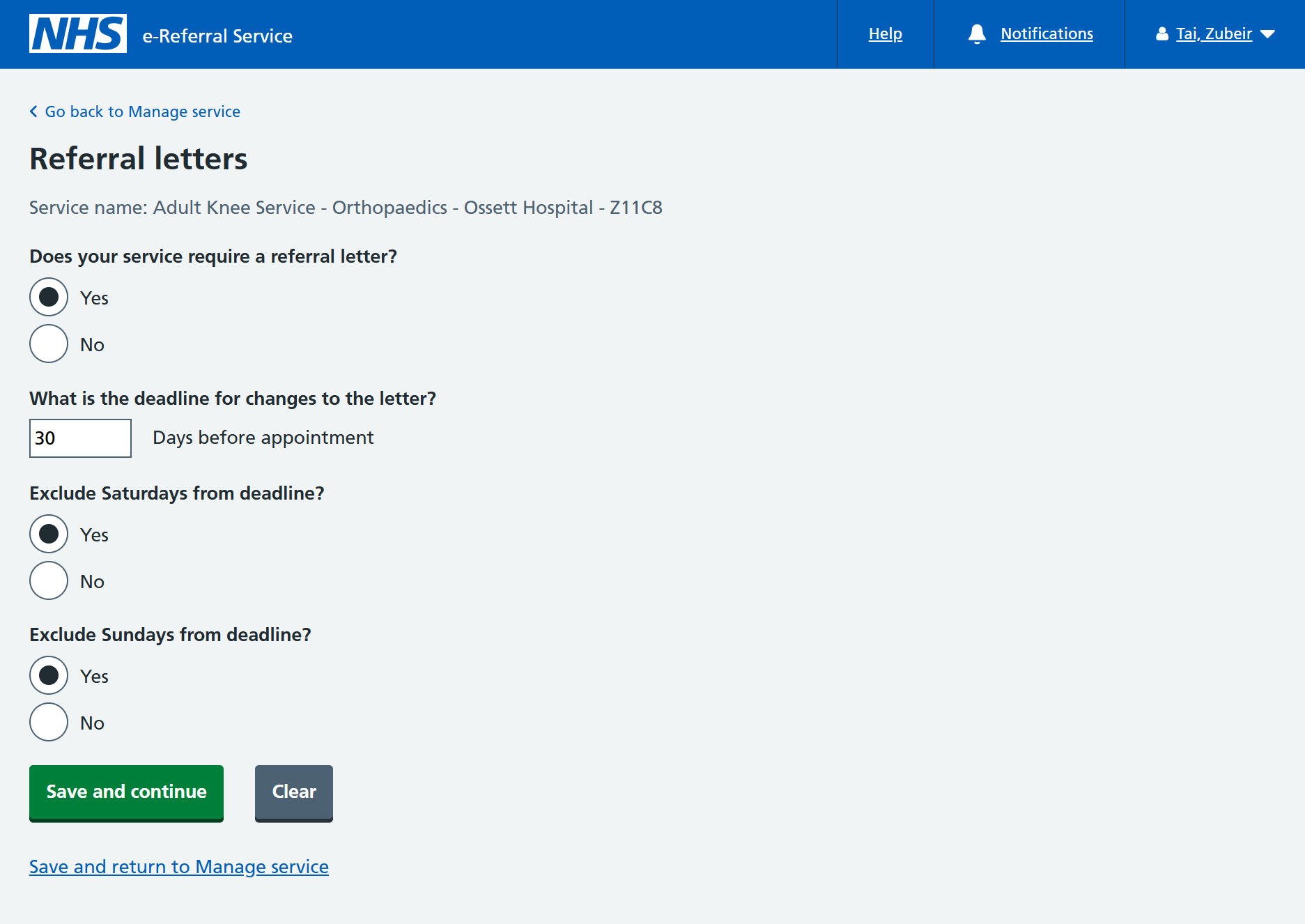 Referral letters screen