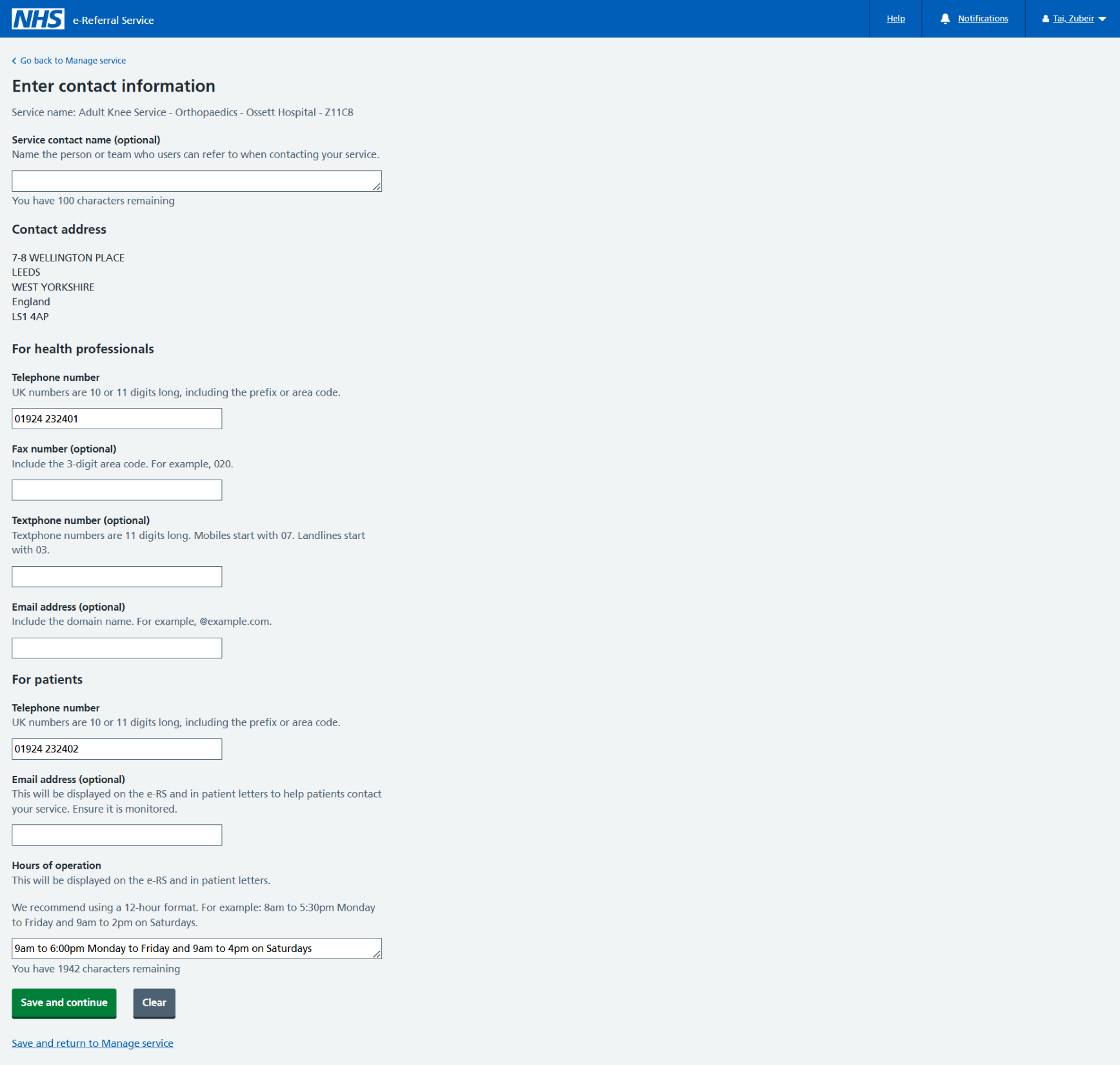 Enter contact information screen