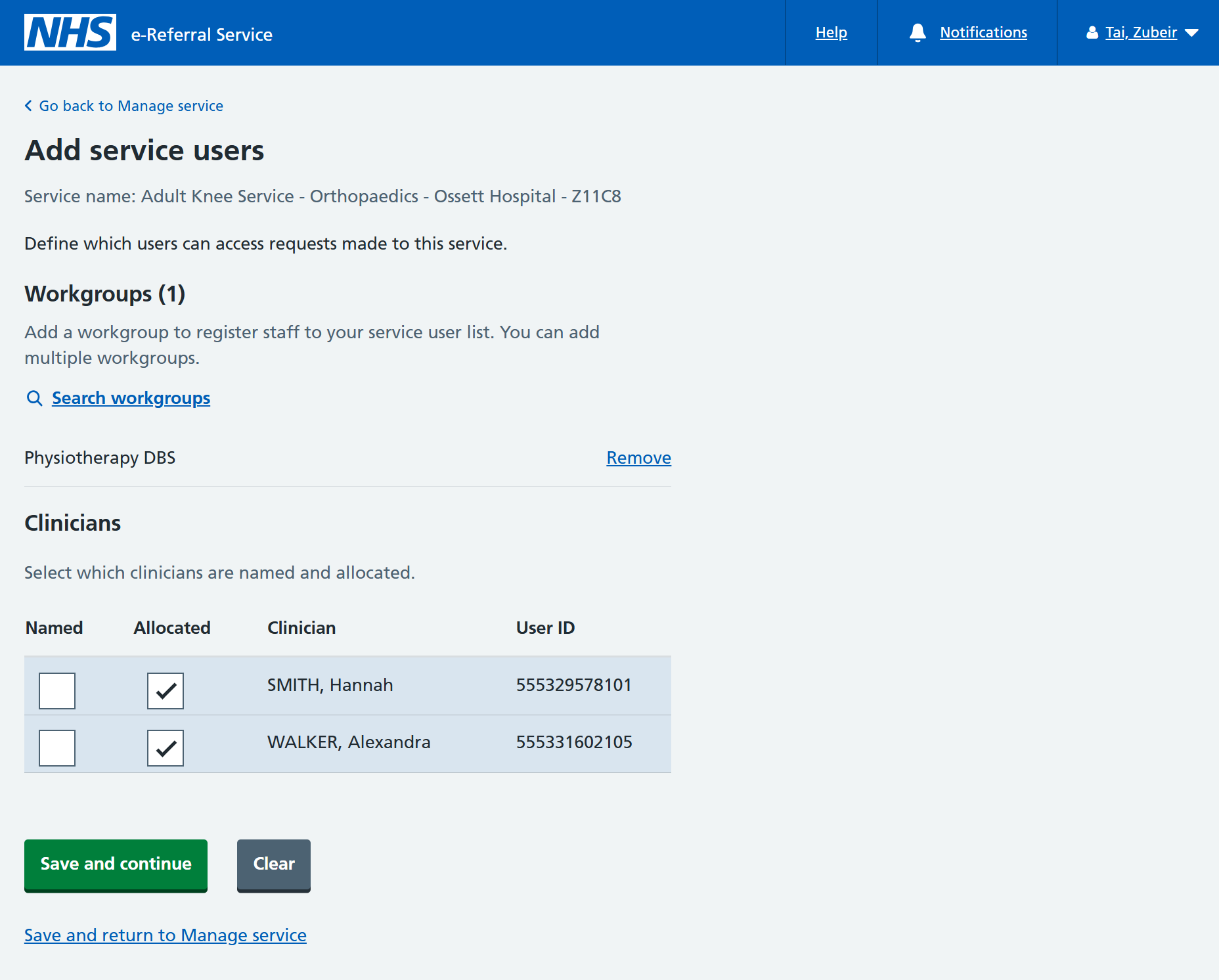 Add service users screen