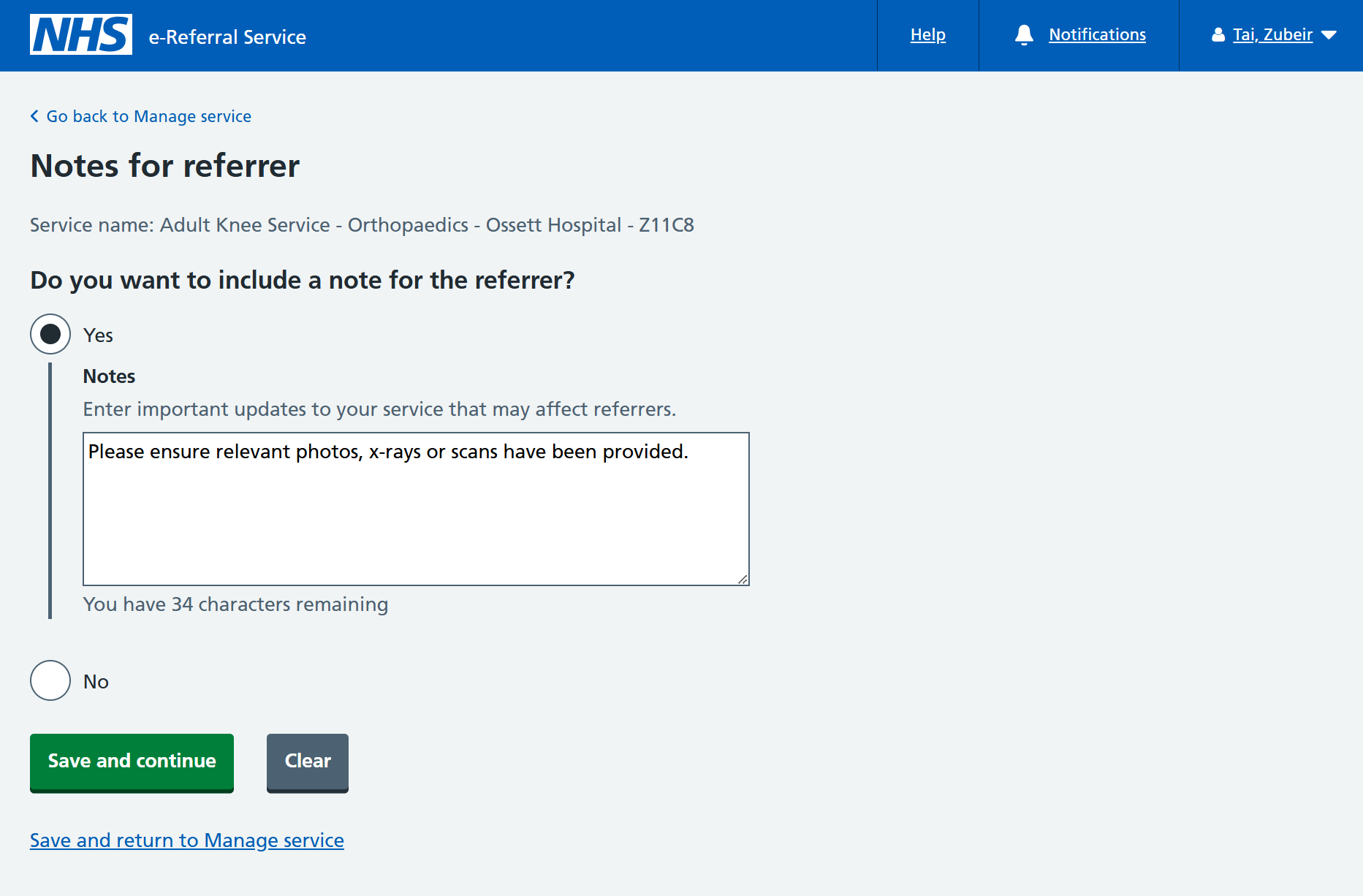 Notes for referrer screen