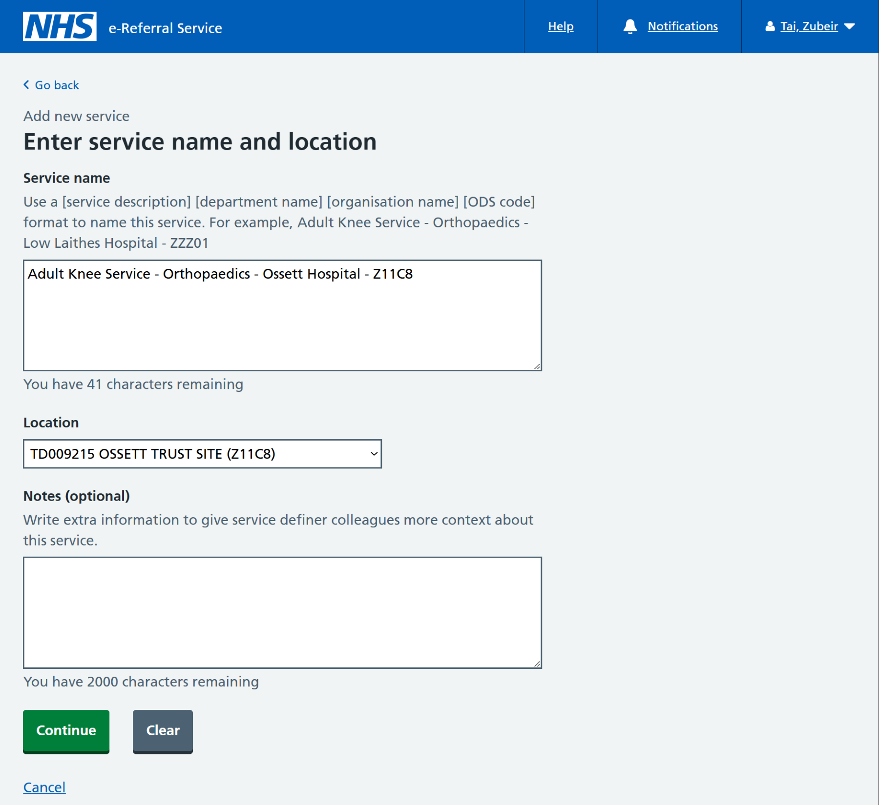Enter service name and location screen