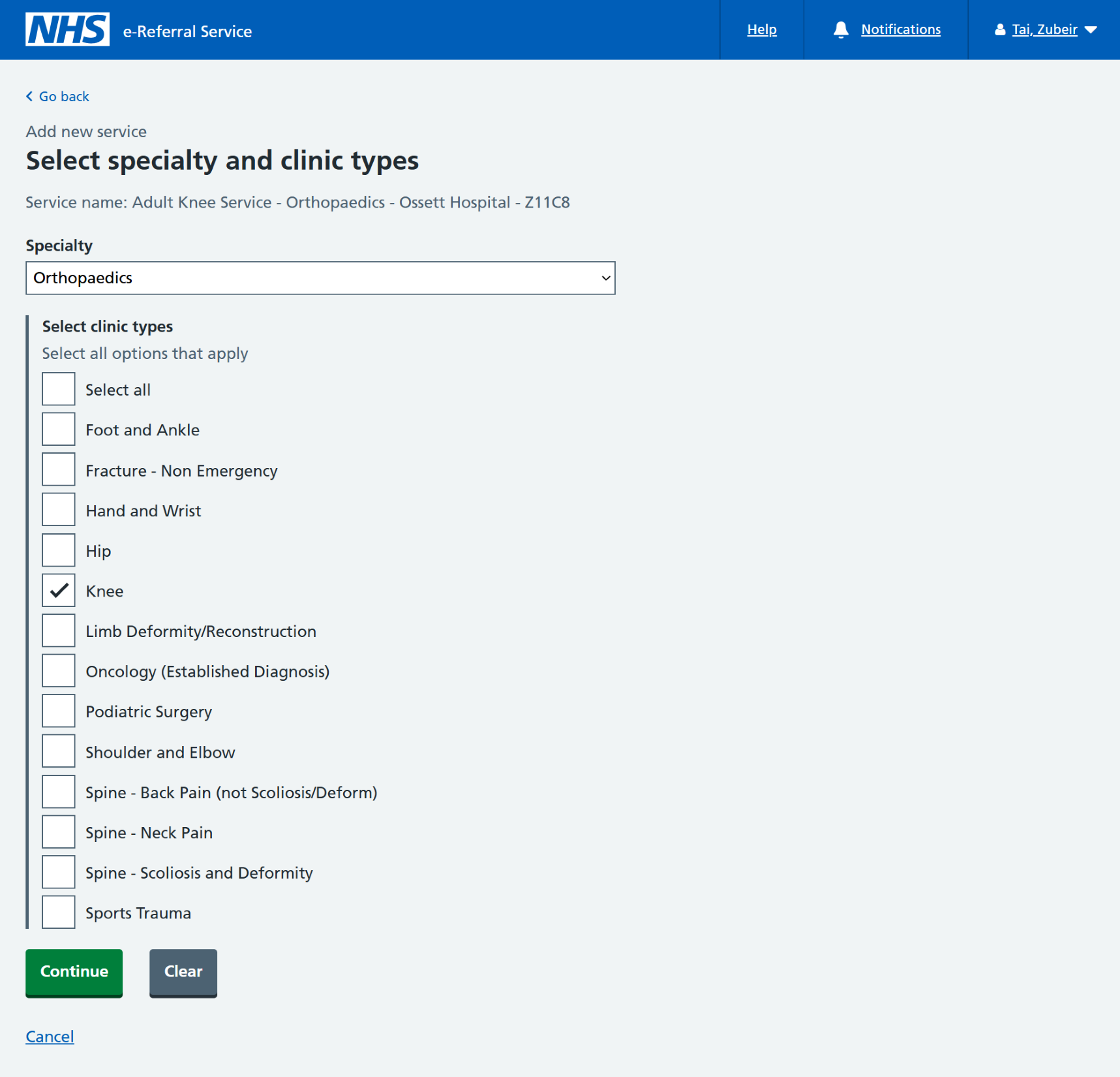 Select specialty and clinic types screen