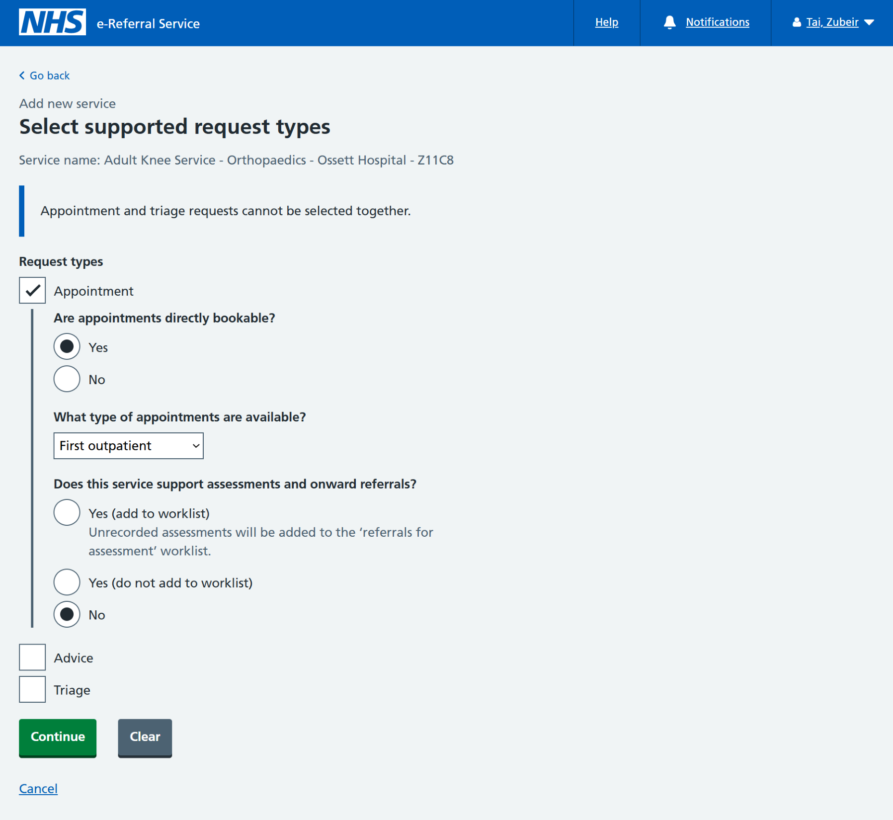Select supported request types screen