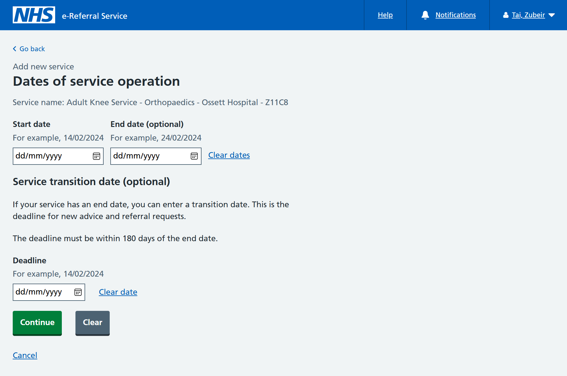 Dates of service operation screen