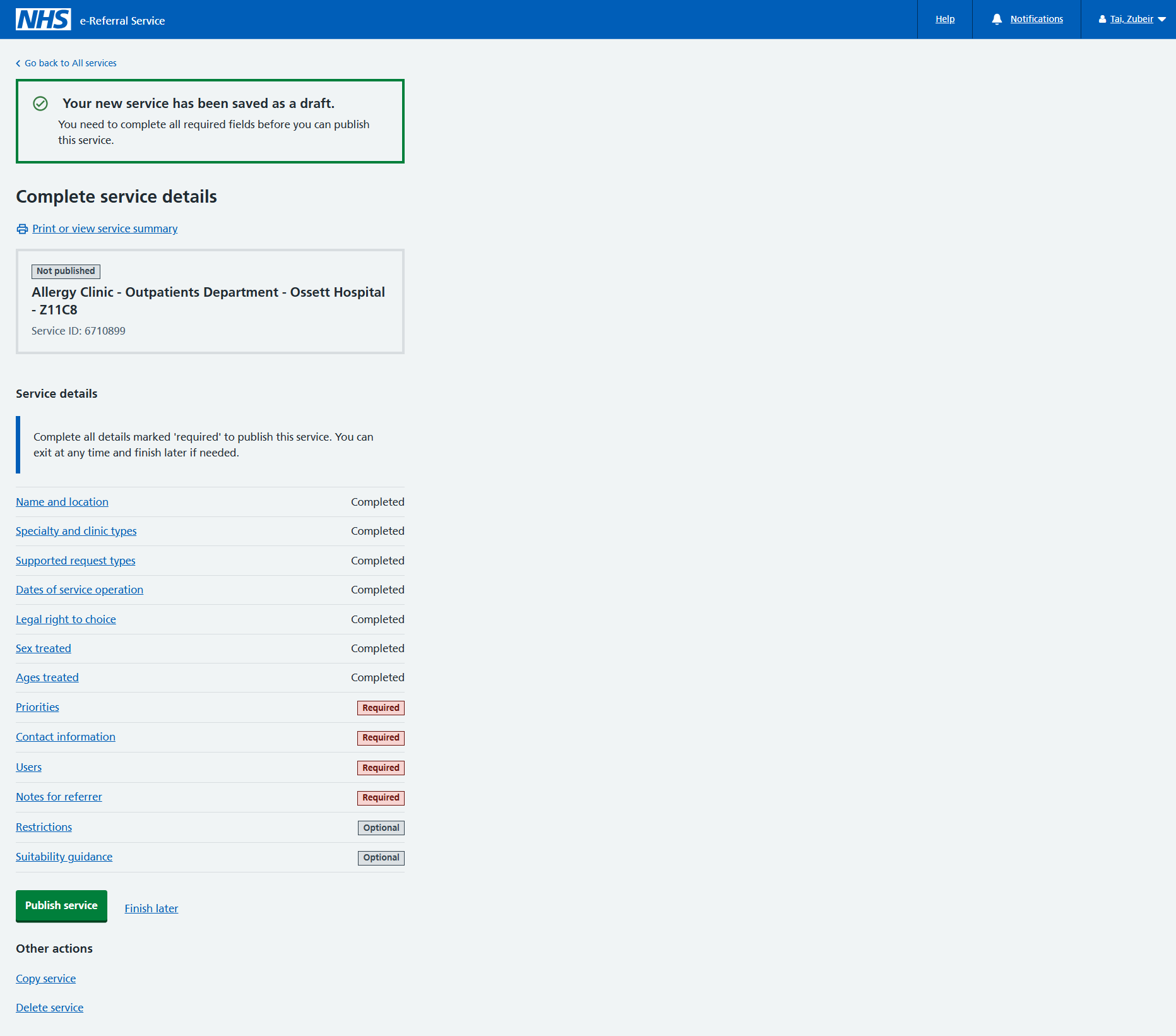 Screen confirming your service has been created in draft