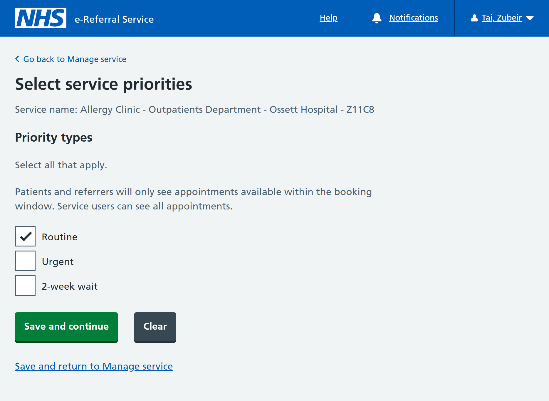 Select service priorities screen