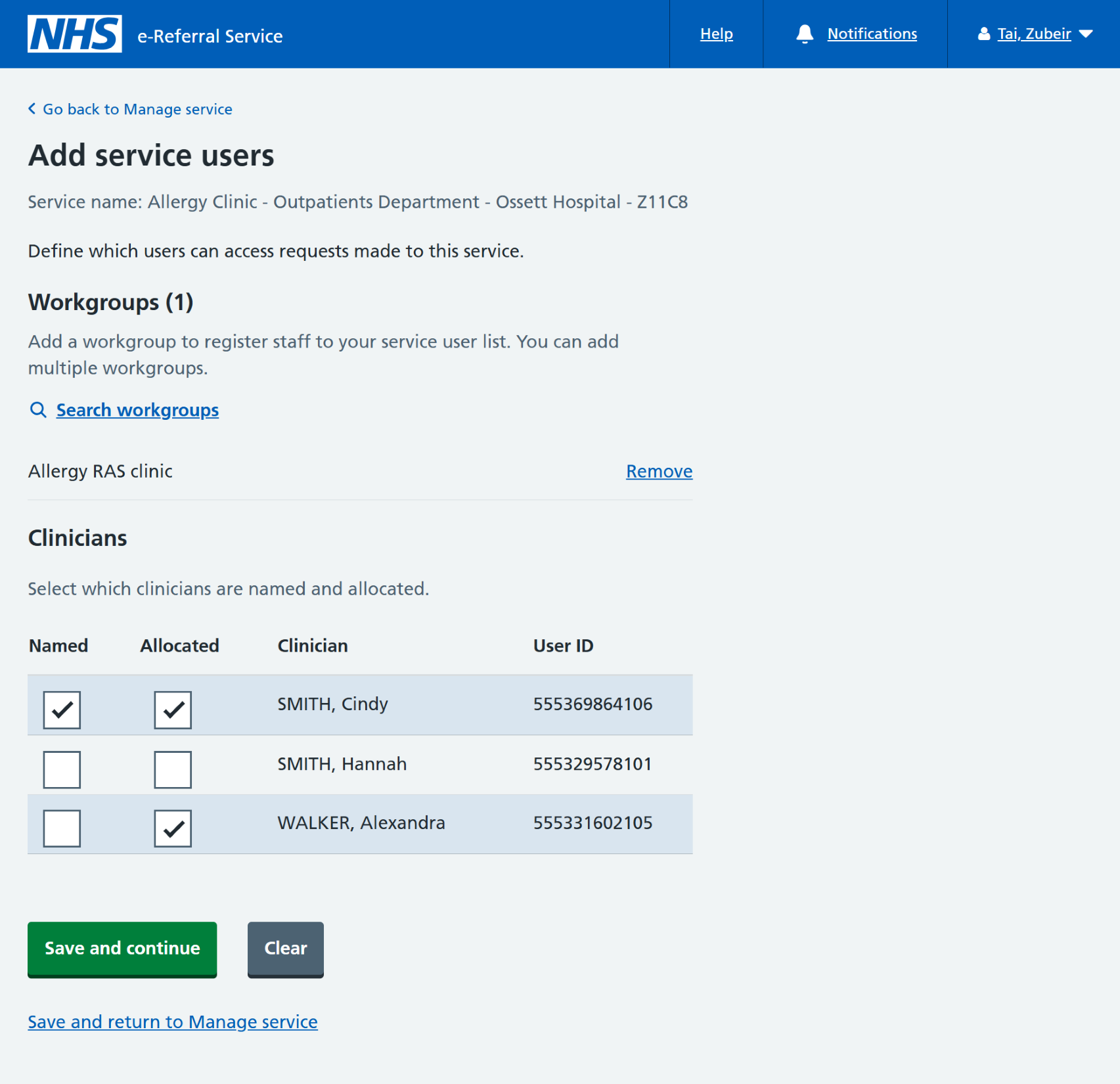 Add service users screen