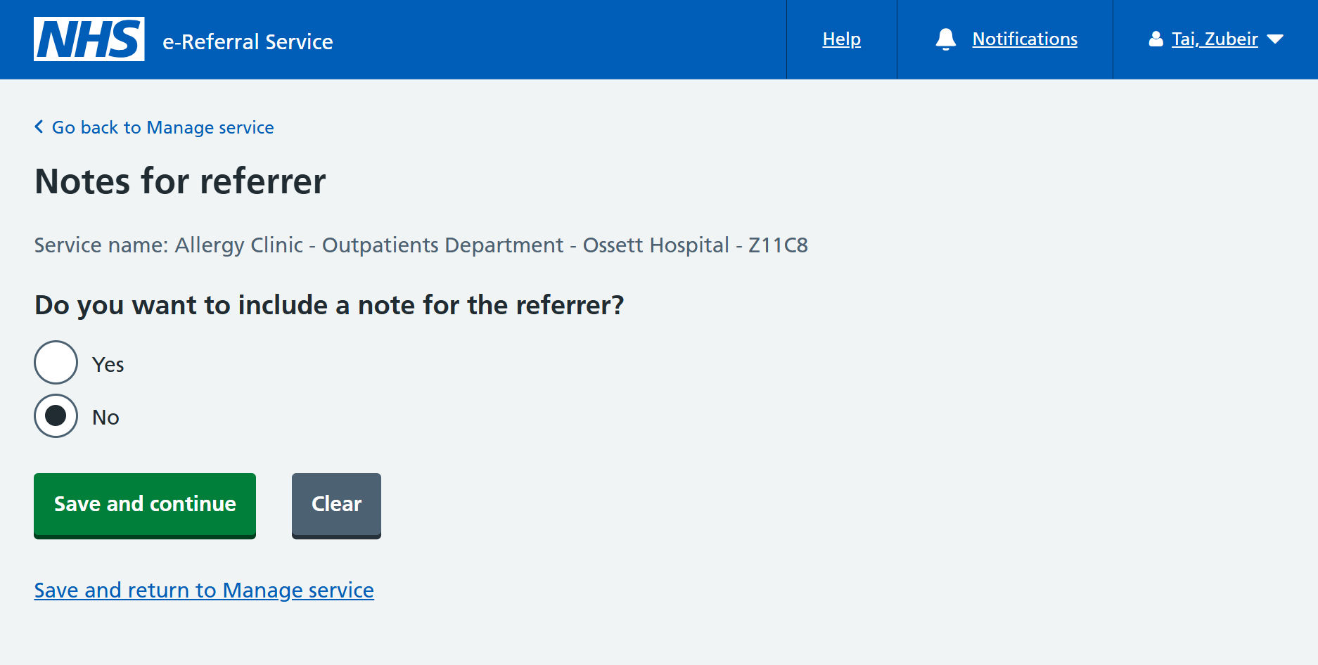 Notes for referrer screen