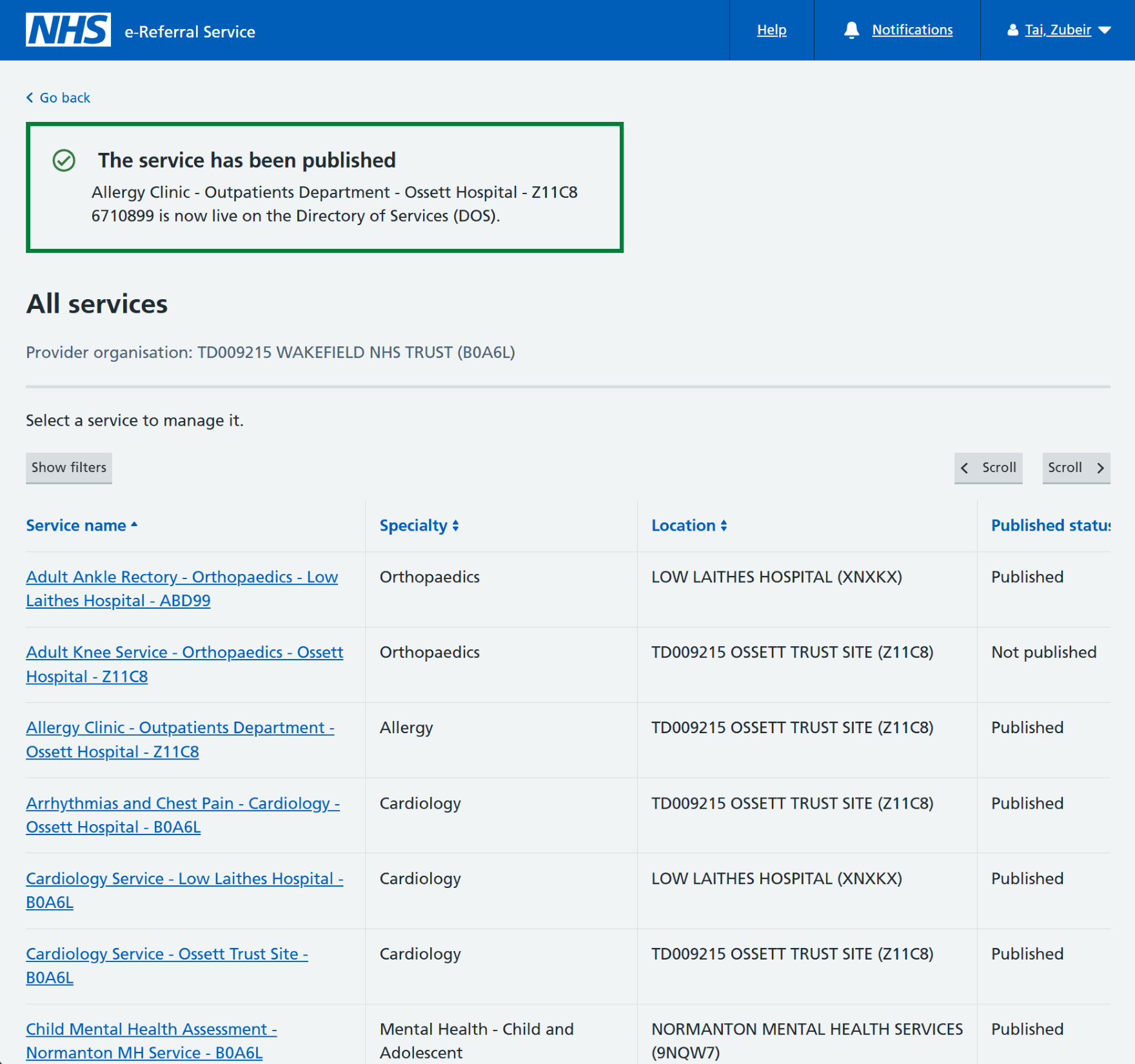 Screen confirming the service is published