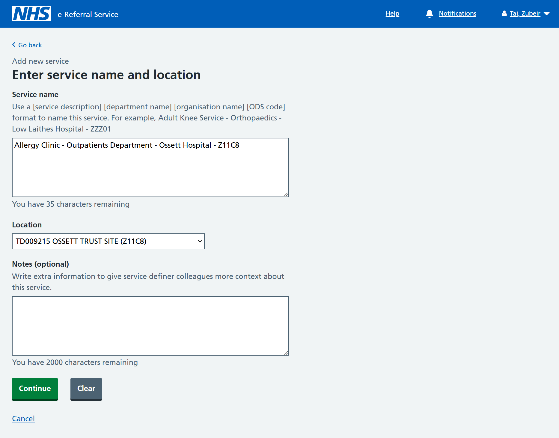 Enter service name and location screen