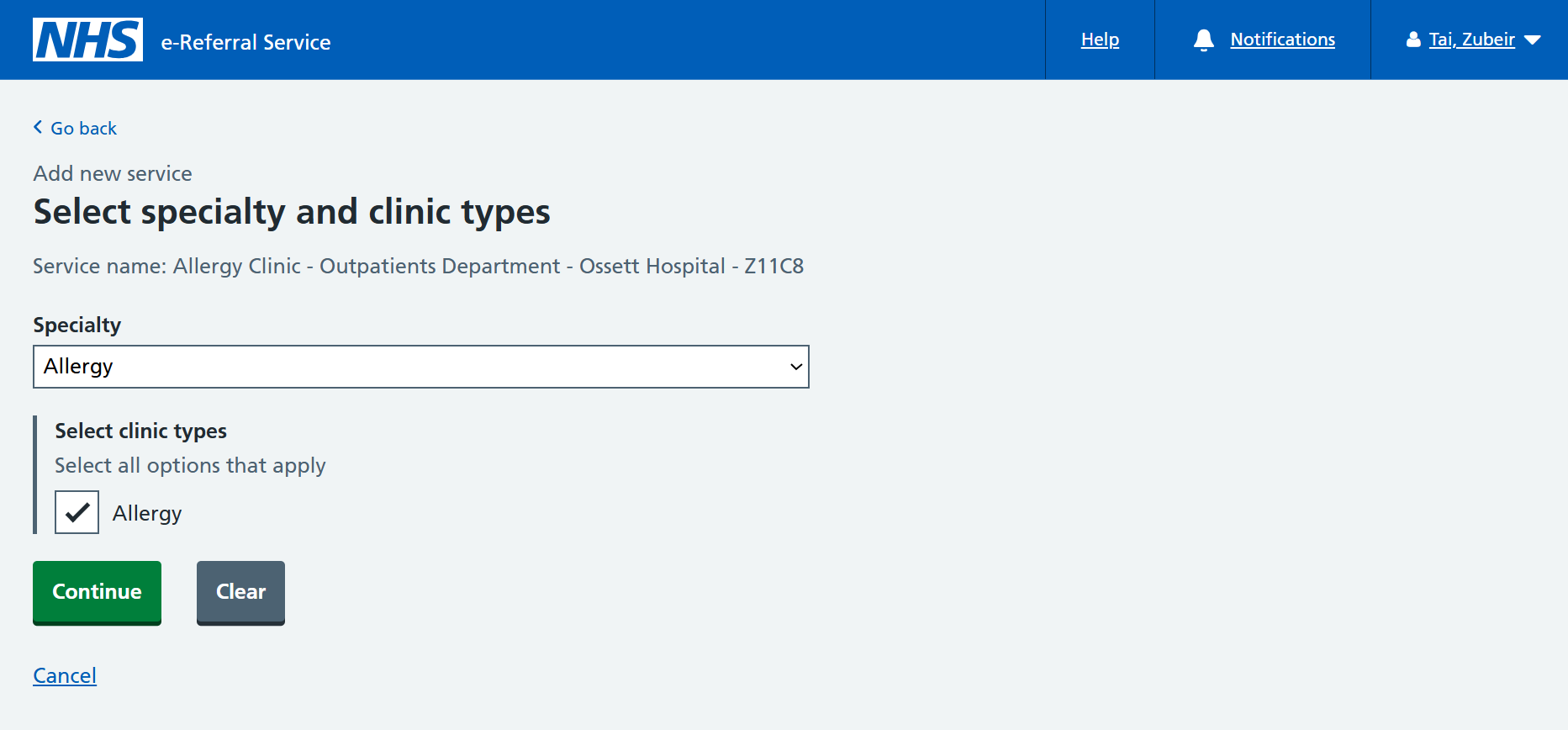 Select specialty and clinic types screen