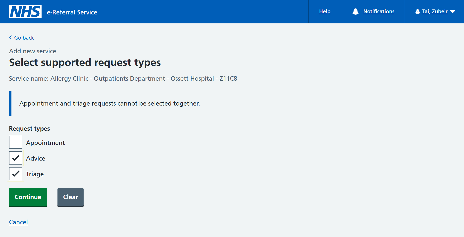 Select supported request types screen
