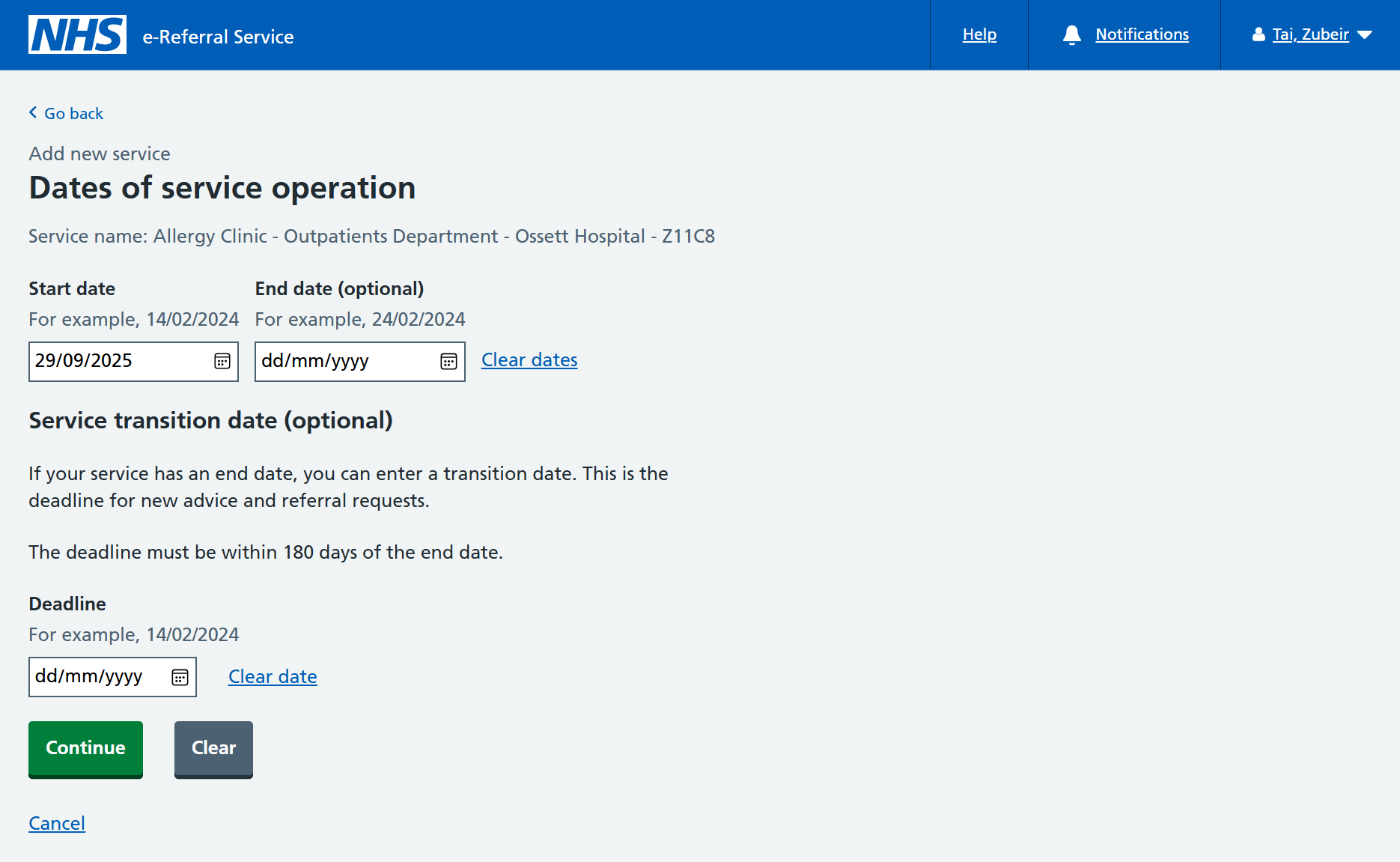 Dates of operation screen