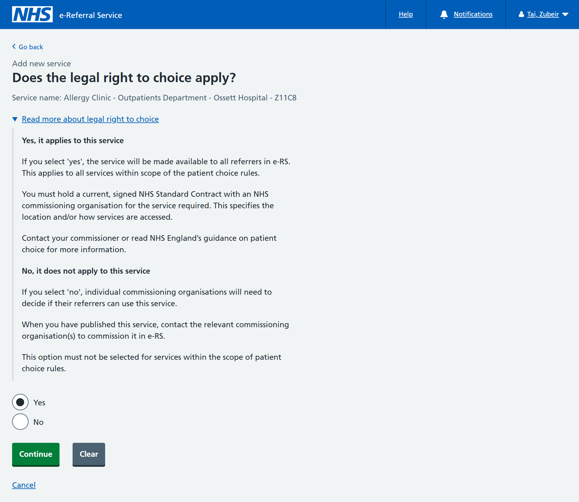 Legal right to choice apply screen