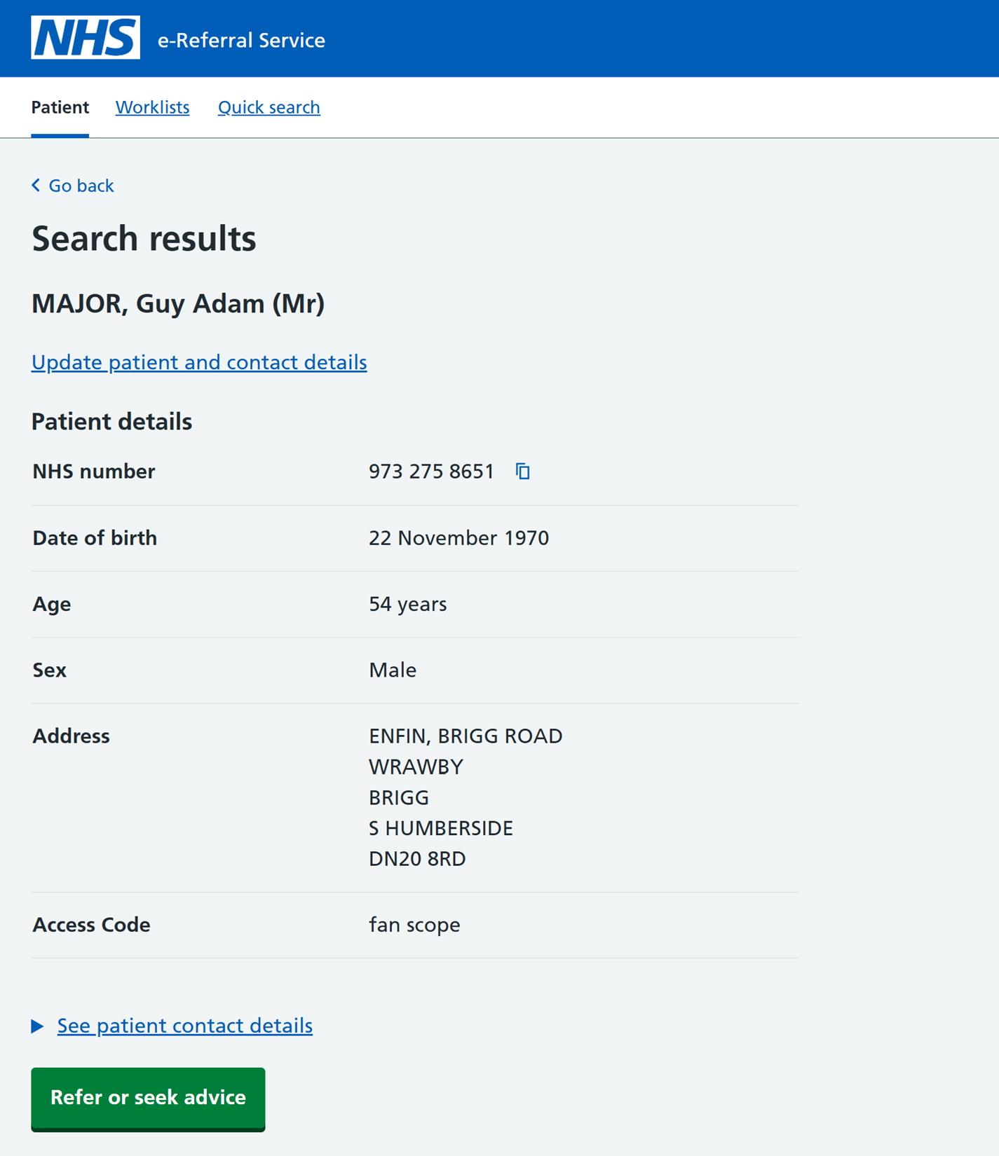 Patient search results