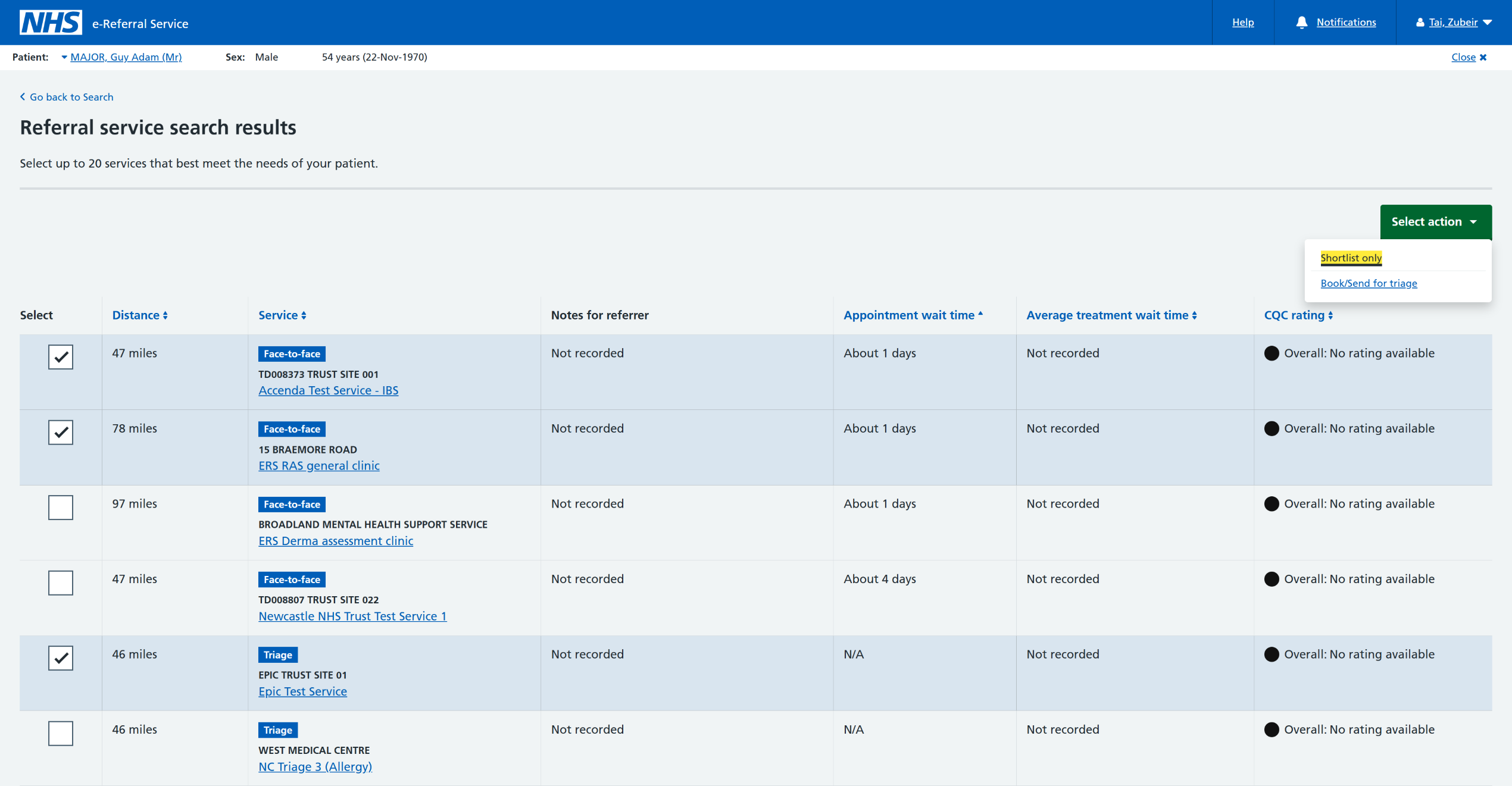 Referral service search results screen