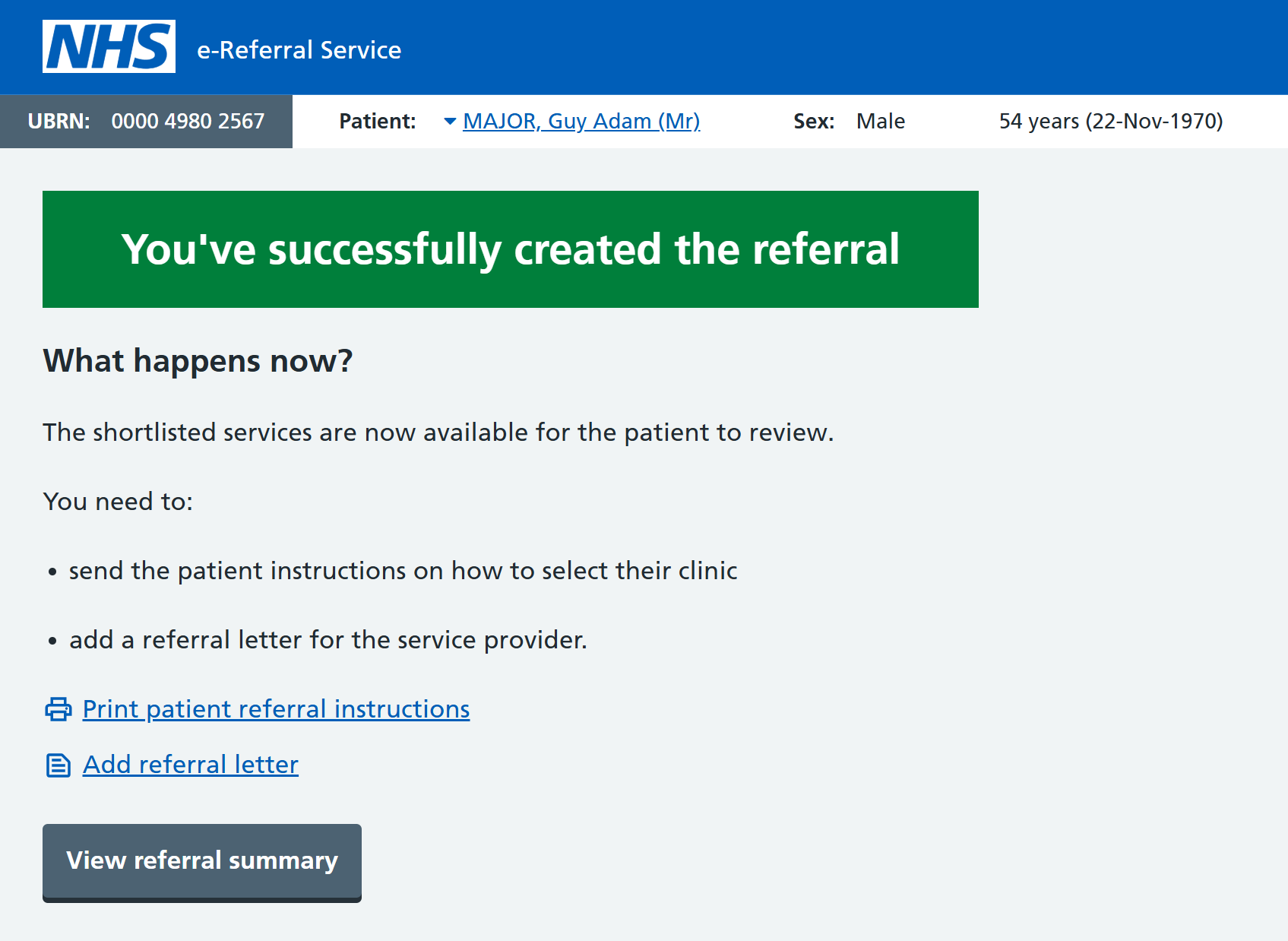 Screen confirming the referral was successfully created