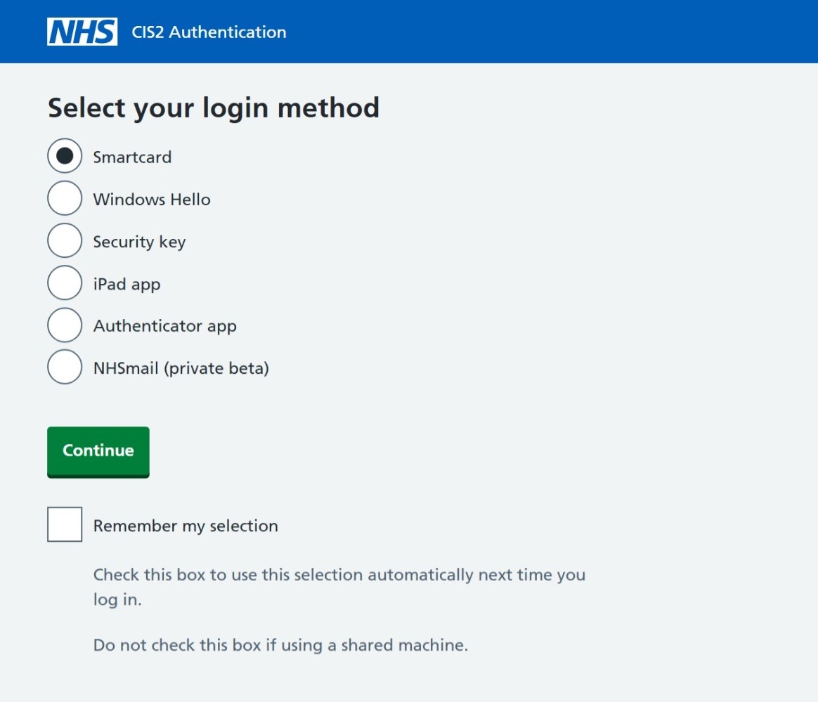 Screen shot of e-RS system showing how to select your login method