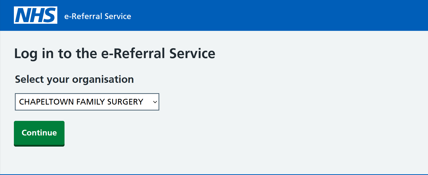 Select your referring organisation screen