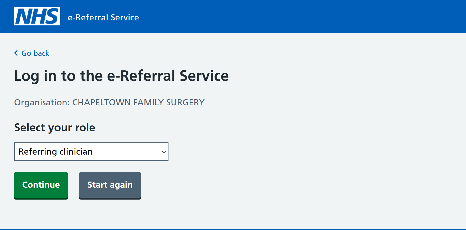 Select your referring role screen