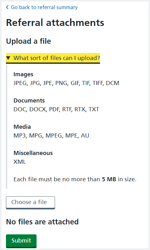Image showing the file attachment reveal detailing the file types and file sizes which can be added to e-RS