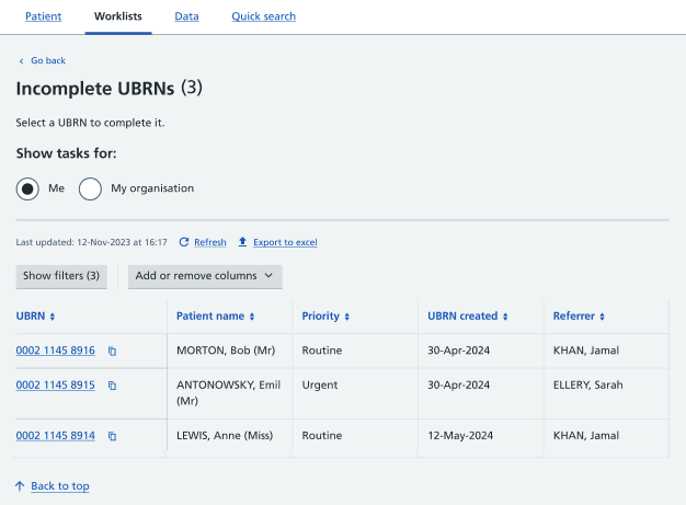 Image displays UBRNs within the Incomplete UBRNs worklist
