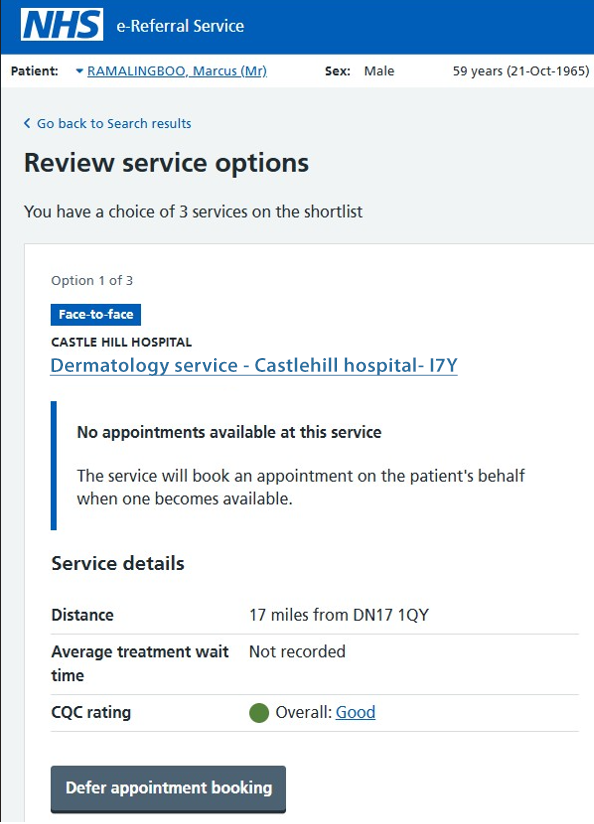 review service options screen with distance displayed