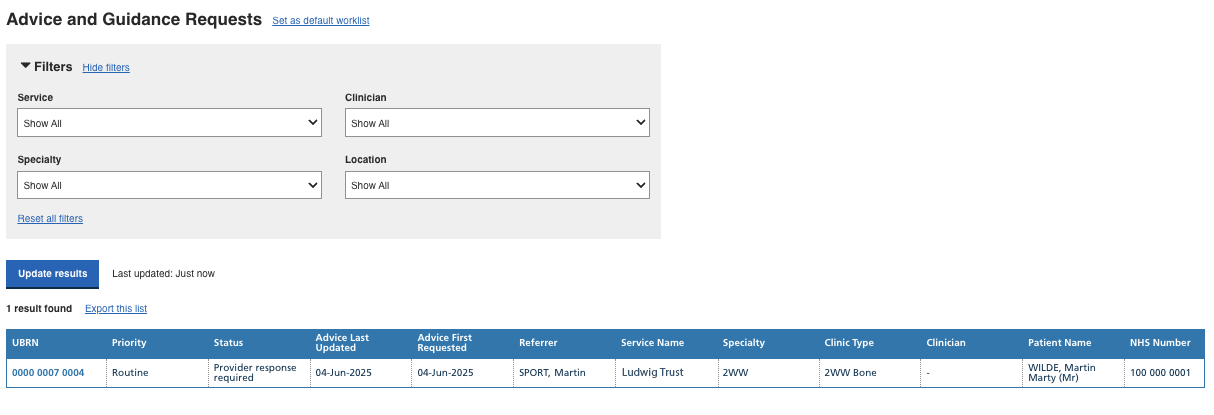 advice and guidance worklist including the NHS number column
