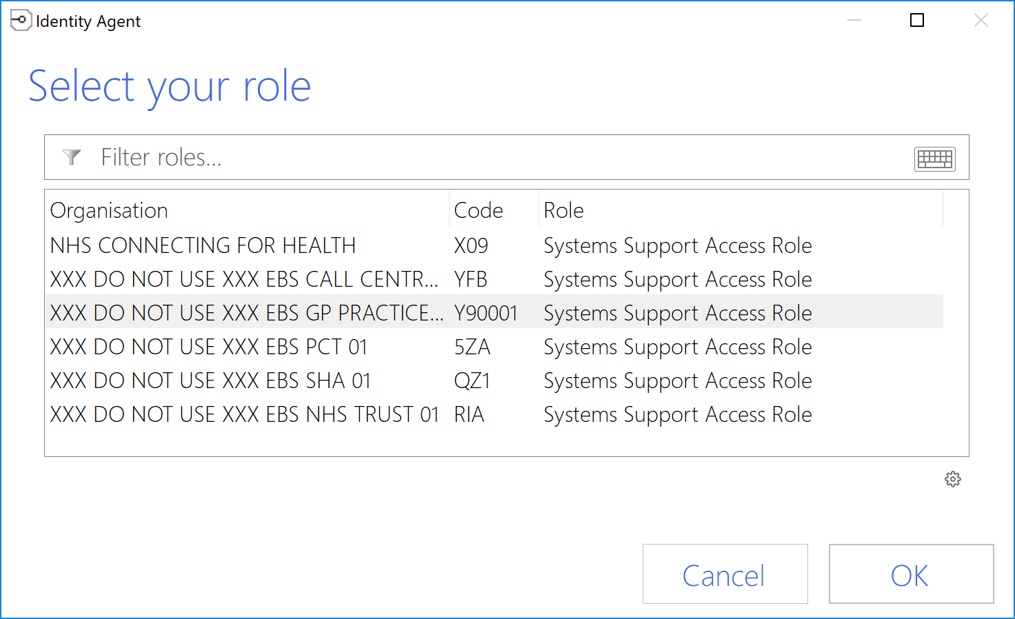 Role selection pop-up screen