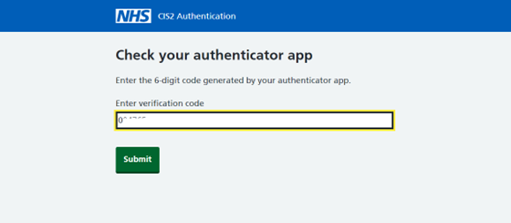 Image displays verification code screen for Authenticator app method of login to e-RS