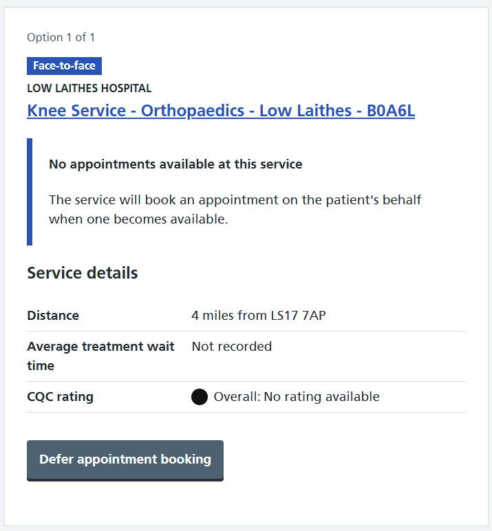 NHS e-RS referrer appointment search screen showing appointment slot issue