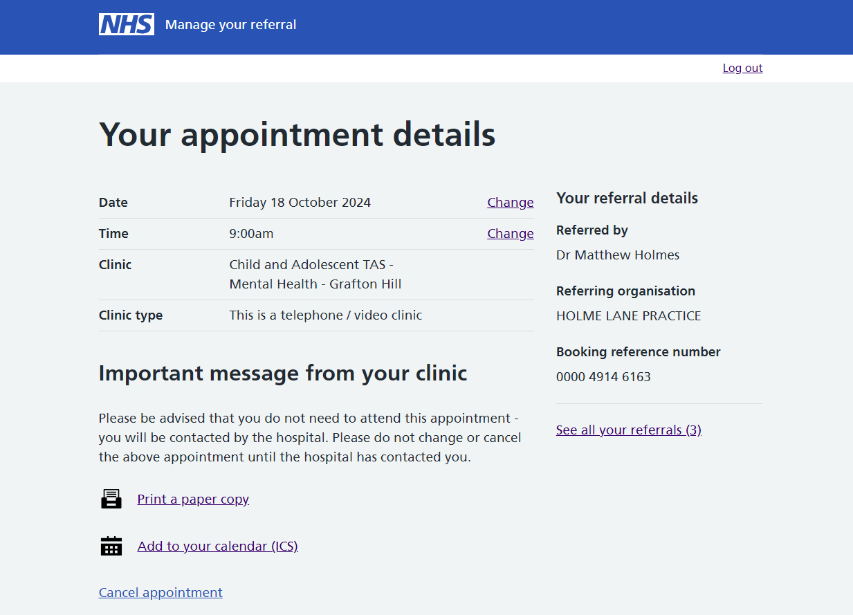 Patient’s appointment details highlighting where the instruction information, added when creating or updating a service, is displayed for the patient on the Manage your Referral website