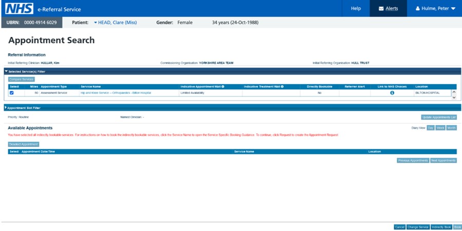 image displaying the appointment search screen with the change service button