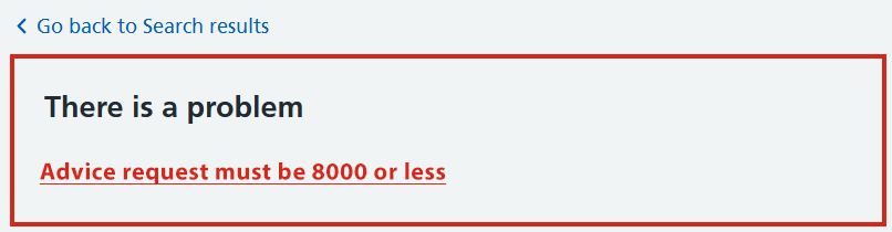 advice and guidance request error message when over 8000 characters added