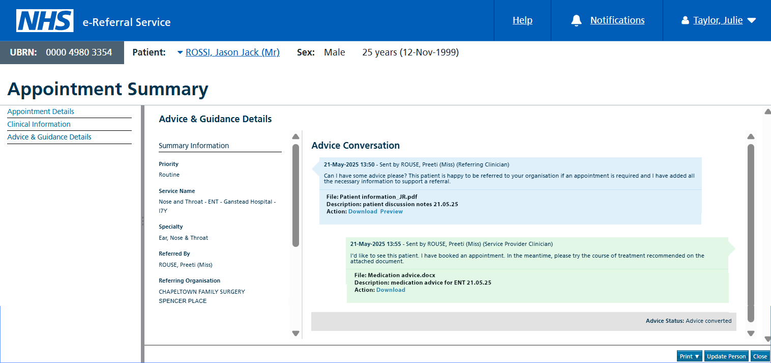 appointment summary screen for converted advice and guidance request - referral with clinical information attached and download/preview options displayed