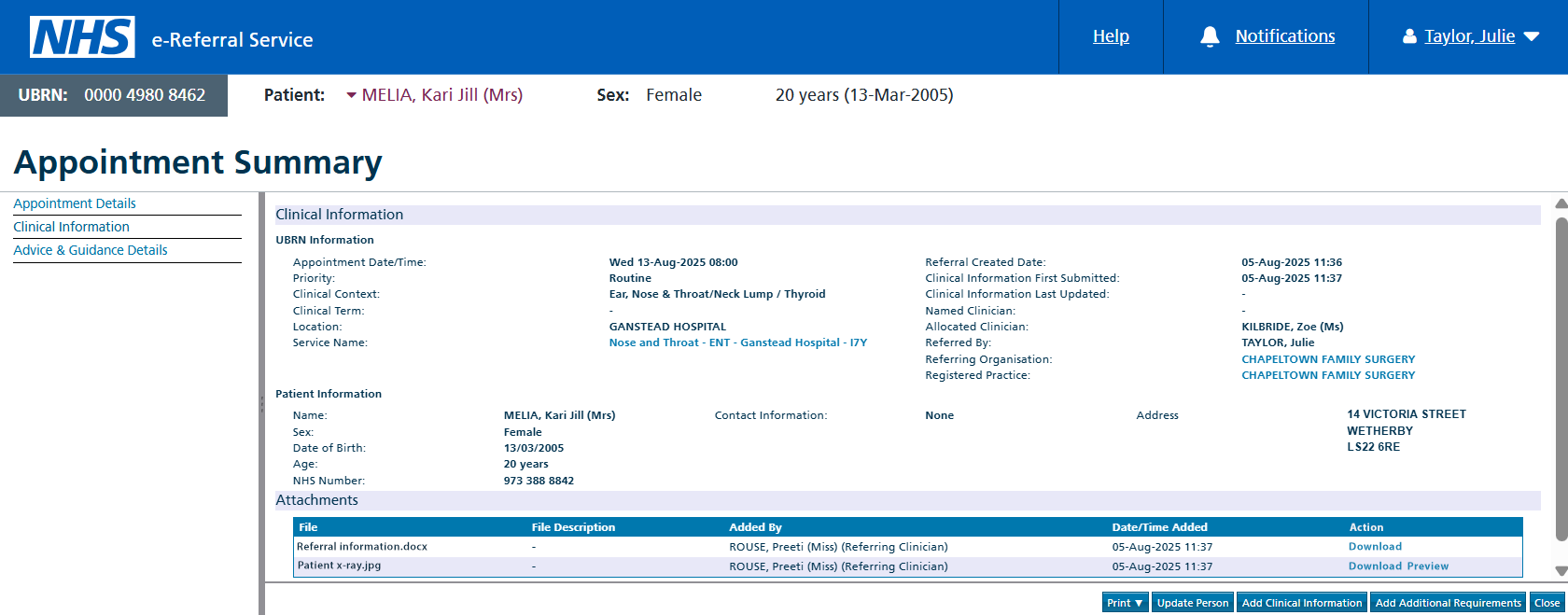 Alt text: appointment summary screen with clinical information attached and download/preview options displayed