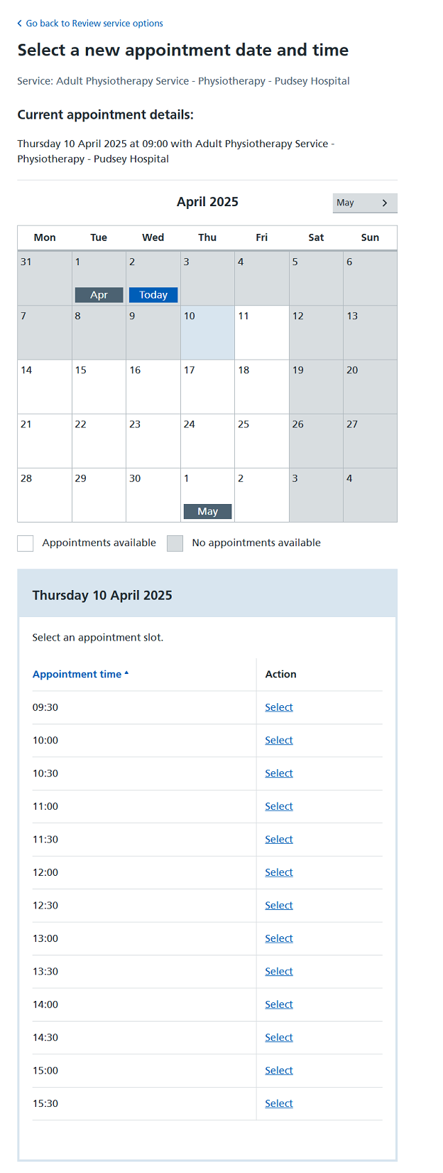 Select a new appointment date and time