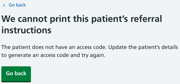 message when an access code does not exist and a referrer attempts to print a referral letter
