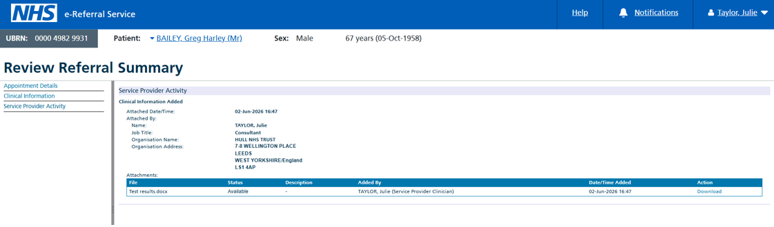 Image of a file attached to a referral when viewing service provider activity as a provider