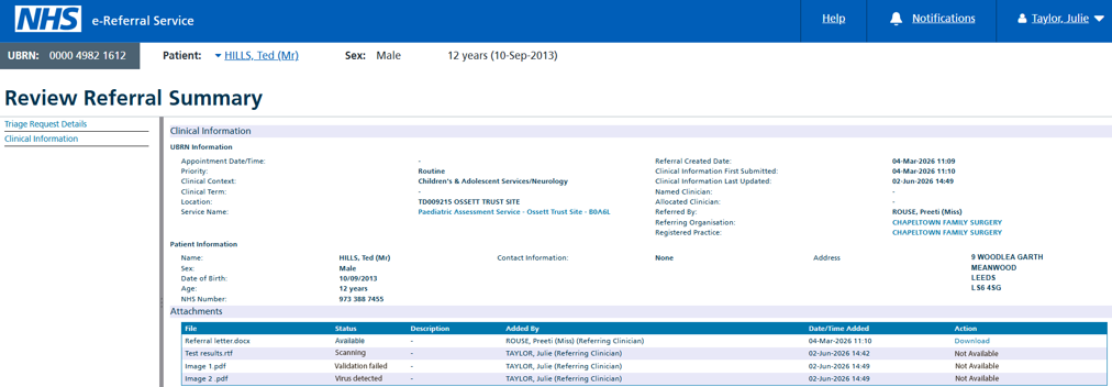 Image of files attached to a referral viewing clinical information as a provider