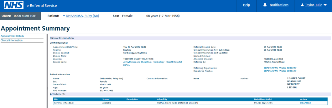 Image of the providers appointment summary screen where a file has been attached
