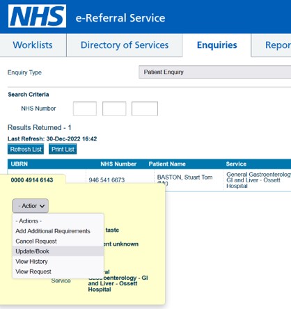 image displaying the action dropdown reveal for provider with the update/book option highlighted