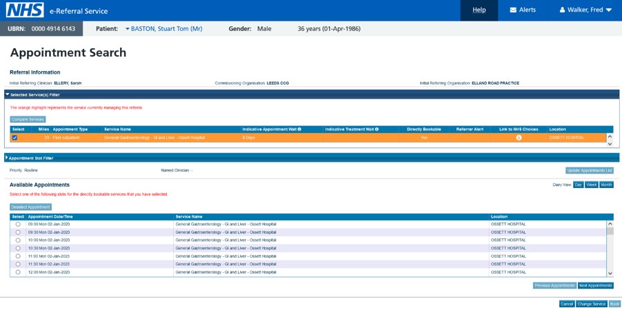 image displaying the appointment search screen with the change service button